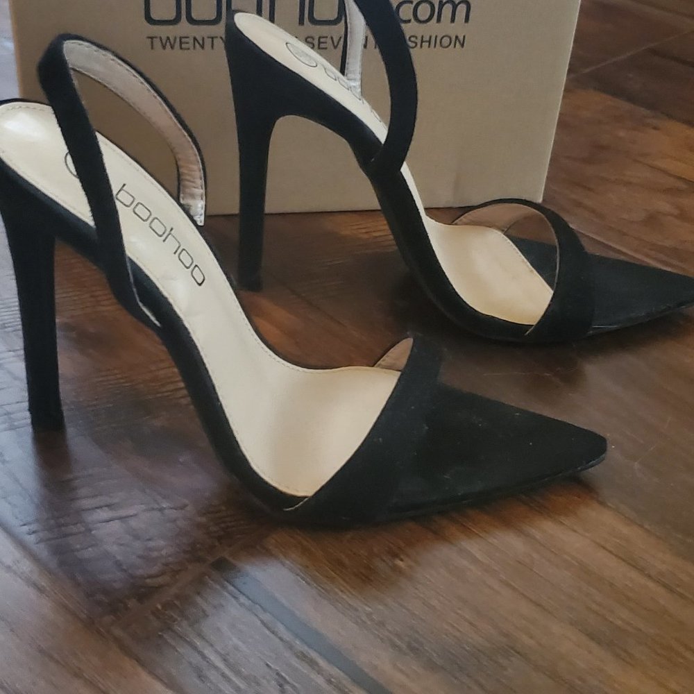 Black Open Pointed Toe Slingback Heels